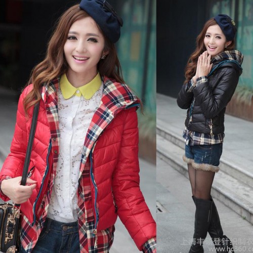 2013新款女装韩版修身假两件格子衬衫拼接短款羽绒服棉衣图2