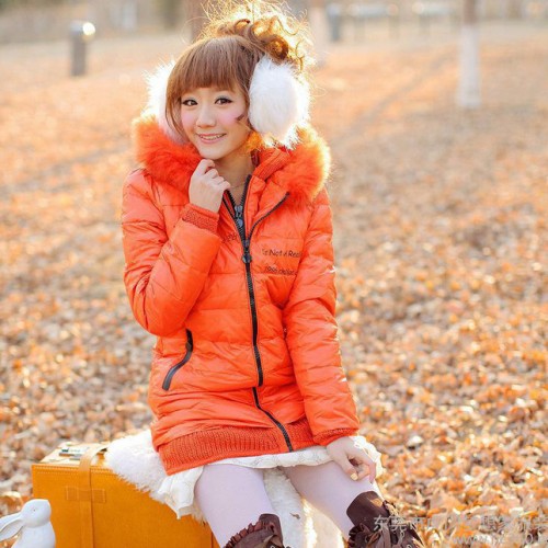 2012女装新款 修身连帽毛领假两件套中长款羽绒服98806图2