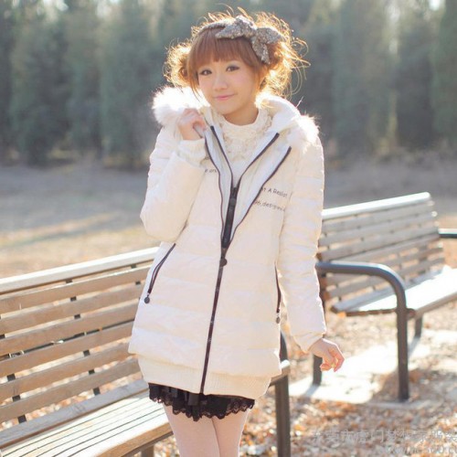 2012女装新款 修身连帽毛领假两件套中长款羽绒服98806图3