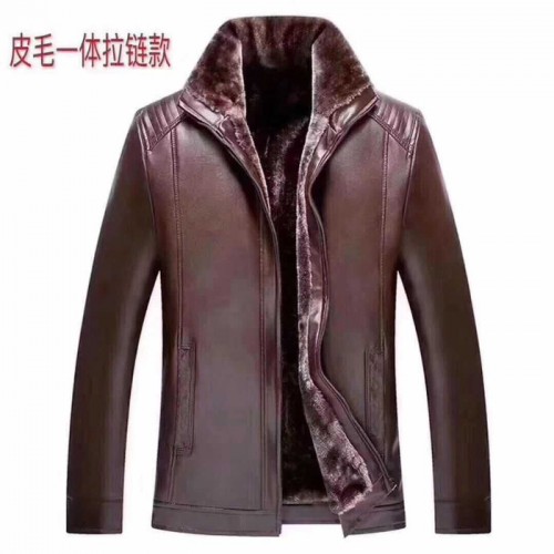 2018冬款中老年男士皮毛一体pu皮衣翻毛领加绒休闲男式皮夹克批发图1