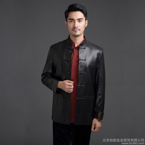 中老年男绵羊皮立领单排扣唐装真皮外套中国风 男士皮衣图1
