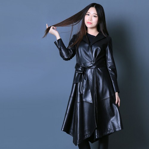 京豹 单皮衣女 真皮 绵羊皮超长款大翻领潮流女装皮衣583图2