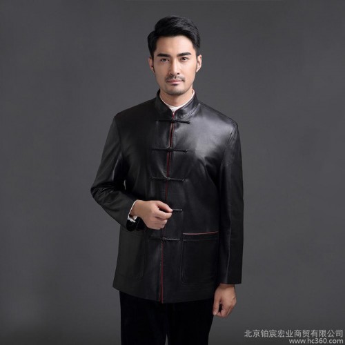 2014新款中国风休闲单皮夹克外套男式绵羊皮唐装 真皮皮衣图1