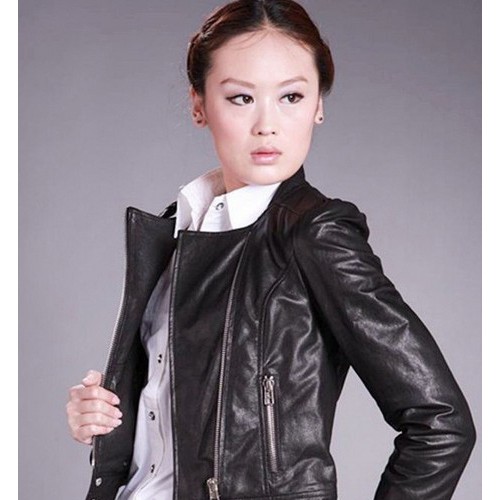 供应达人部落F12J022时尚短款立领女式真皮机车绵羊皮衣图1