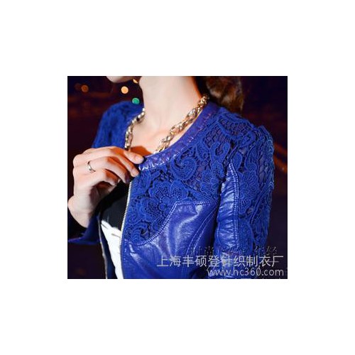 秋冬新品女装 超炫电光蓝/红钩花蕾丝修身水洗皮衣外套图2