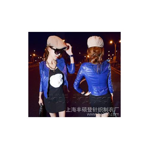 秋冬新品女装 超炫电光蓝/红钩花蕾丝修身水洗皮衣外套图3
