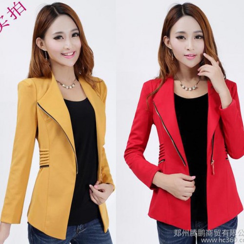 2015春秋款女装韩版拉链修身中长款小西装外套 女休闲西服图3