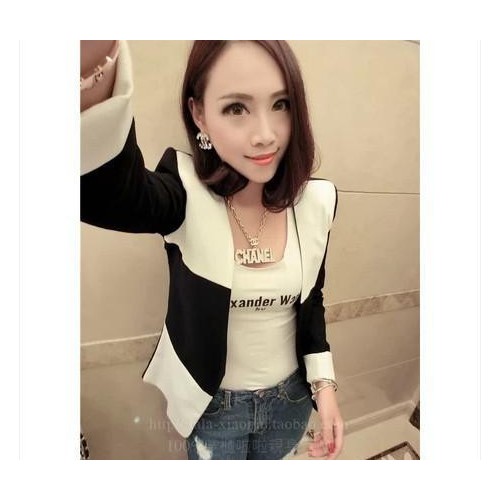 2015春装新款拼色西装女 修身韩版女中长款外套图2