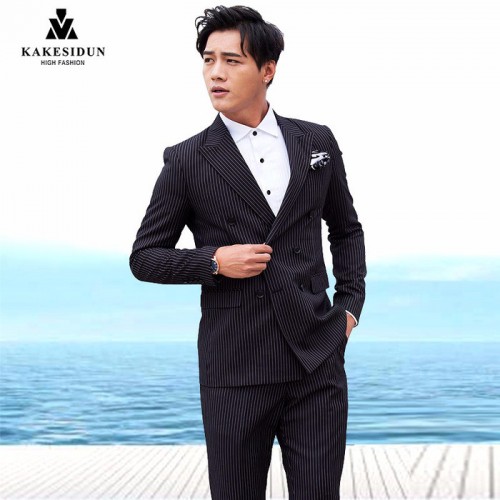 KAKESIDUN男士西服套装两件套新郎伴郎结婚礼服正装夏季英伦风修身休闲西装图3