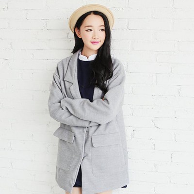 2014冬季新款韩版纯色西装领毛呢外套女士长袖大衣**爆款