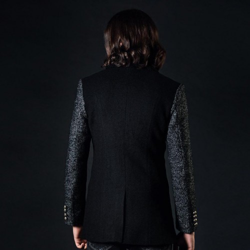 韩版男士拼接休闲西服W-409-159冬季黑色西装外套毛呢外图3