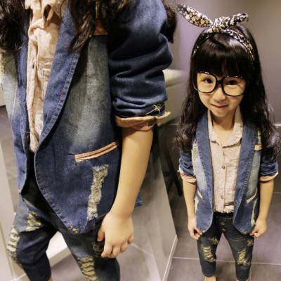 2014款韩版女童时尚破洞牛仔西装儿童牛仔外套上衣XM129