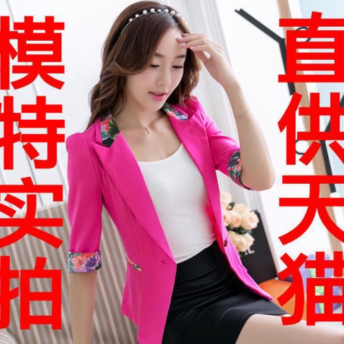 2015年实拍春秋韩版女装修身外套花色拼接五分袖职业小西装图2