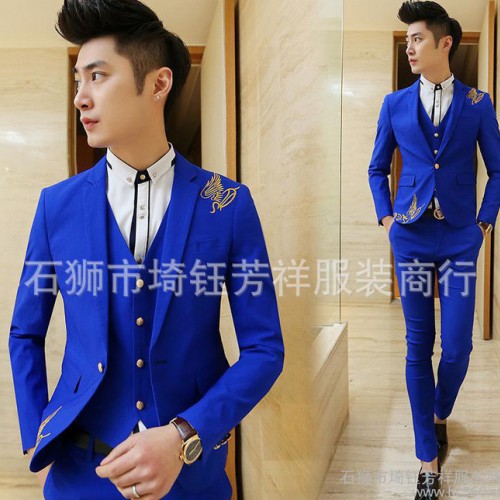 新款男装小西服外套 男潮韩版修身弹力绣花商务休闲西装一件代发图3