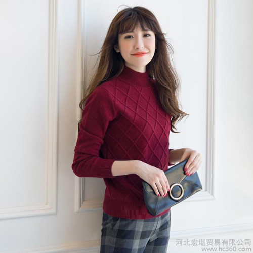 2016秋冬新款加厚半高领山羊绒衫纯色女式菱形毛衣修身针织打底衫图3