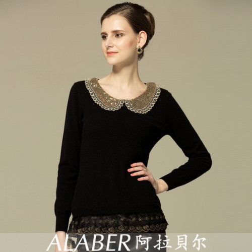 包邮新款特惠圆领100%纯山羊绒秋冬女羊绒衫蕾丝闪片公主领23232图1