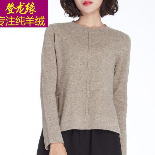 100%纯羊绒衫女 前短后长圆领长袖**秋冬女装毛衣女套头衫图2