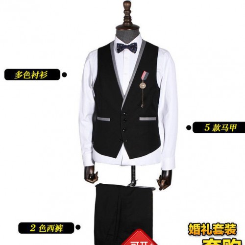 2016新款男士韩版休闲修身马甲套装3件套马甲休闲裤结婚马甲图1