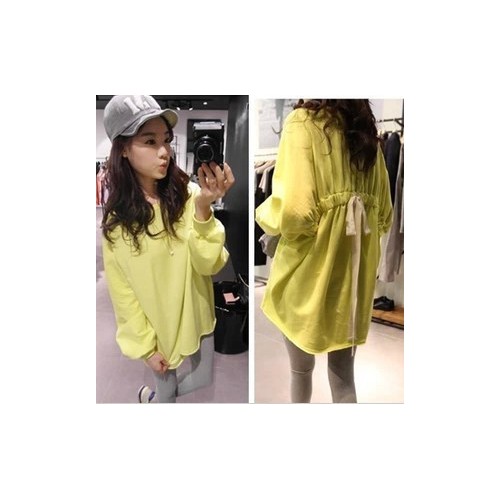 坚熙 春季新品 韩版休闲时尚背后抽绳褶皱长袖中长款卫衣T图1