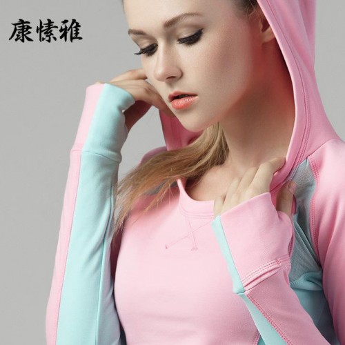 新款瑜伽服上衣拼色弹力连帽运动外套显瘦健身服女士卫衣春季T073图2