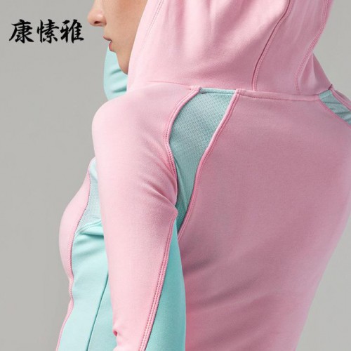 新款瑜伽服上衣拼色弹力连帽运动外套显瘦健身服女士卫衣春季T073图3