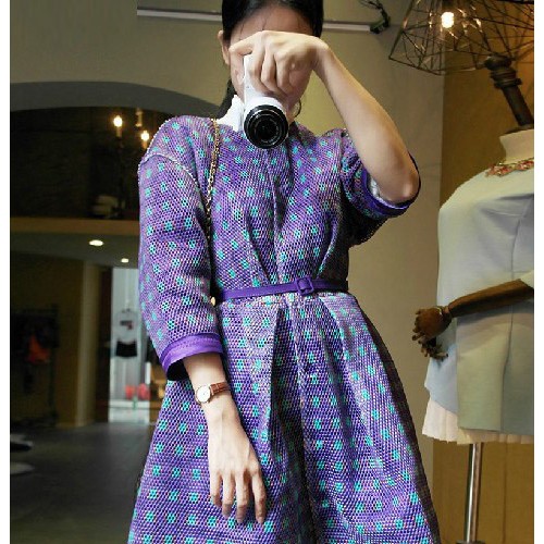 欧美女装 2014秋冬新品 镂空编织拼色网型中长外套风衣 配腰带图3