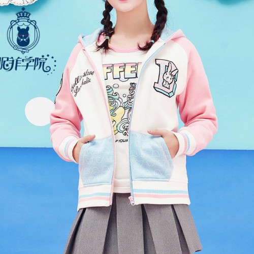 2016春学院风连帽刺绣少女学生休闲卫衣外套女开衫拉链图1
