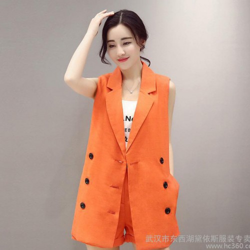 时尚马甲两件套女2016春夏新款纯色中长款西装马夹休闲短裤套图3