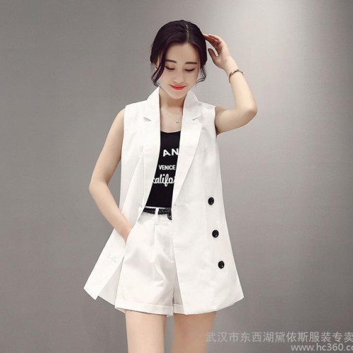 时尚马甲两件套女2016春夏新款纯色中长款西装马夹休闲短裤套图2