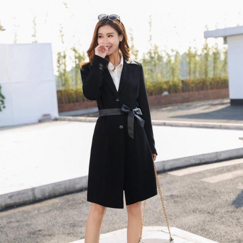 曼妮利奥新款韩版 女装仿皮西装领修身显瘦长袖风衣中长外套 女装风衣外套图3
