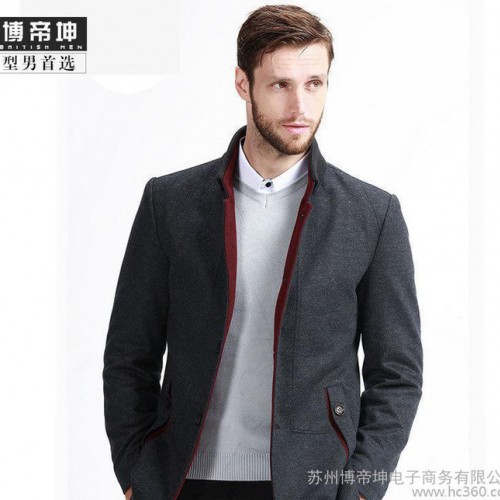 2016春季新款男士纯色毛呢夹克大衣 修身商务呢子风衣外套厚图3