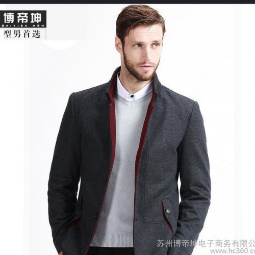 2016春季新款男士纯色毛呢夹克大衣 修身商务呢子风衣外套厚图2