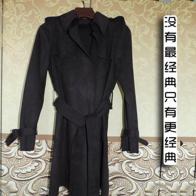 2015秋季新款欧洲经典纯色Q弹麂皮绒风衣女装中长款一件代发