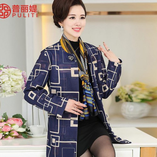 2017中老年女装春装中长款外衣中年妈妈装上衣圆领格子风衣外套女图3