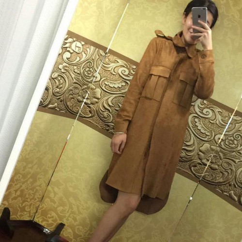 2015明星电视同款秋季新品纯色麂皮绒中长风衣女品质保证图2