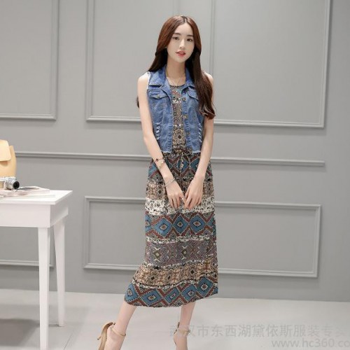 印花无袖连衣裙长裙修身牛仔短款马甲外套时尚个性套装两件套图1
