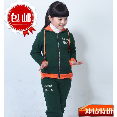 双十一2013新款冬款韩版男女童装抓绒彩条拉链卫衣长袖裤子两件套图3