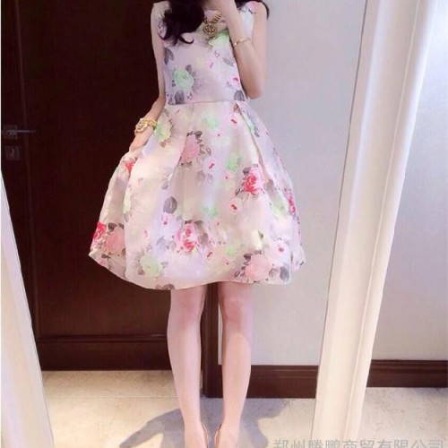 春夏新款欧根纱连衣裙蓬蓬裙女显瘦气质印花小清新裙子图3
