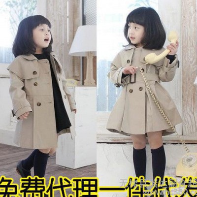 免费代理 童装一件代发 2014韩版童装秋装女童双排扣风衣外套裙子