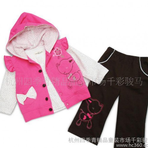 蜗牛宝贝童套装 春季新款婴幼女童连帽长袖马甲 三件套 全棉套装图1