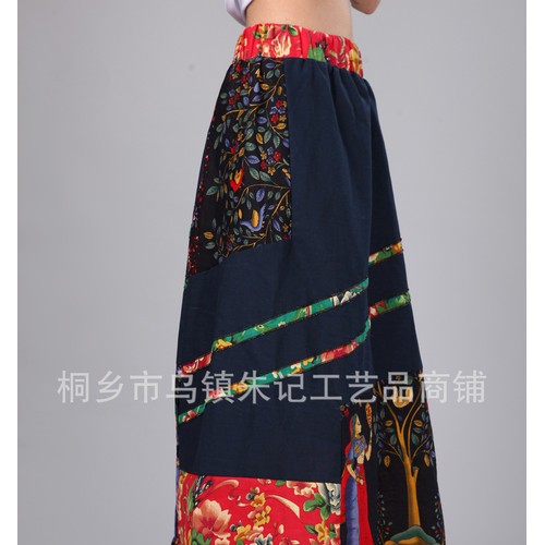 印花长裙 半身裙棉麻裙子 民族风东北大花布拼接美女半身裙 复图1
