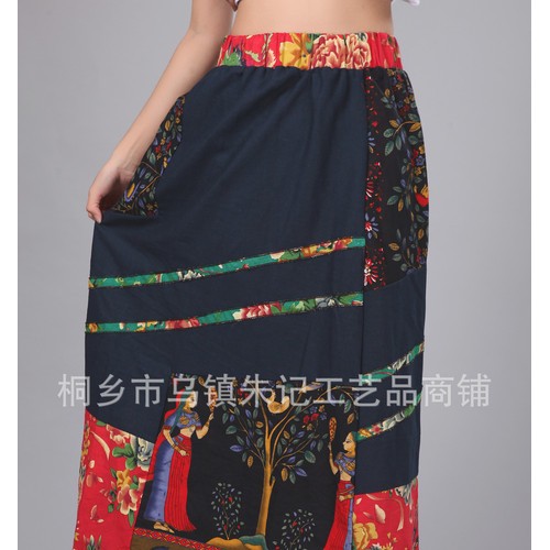 印花长裙 半身裙棉麻裙子 民族风东北大花布拼接美女半身裙 复图2