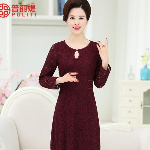 中老年女装春装连衣裙妈妈装长袖气质大码中年人妇女纯色蕾丝裙子图2