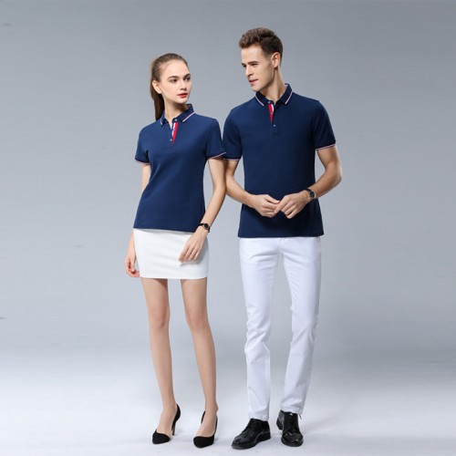 由米Polo衫 翻领短袖T恤三色条双领工作服商务工装纯棉体恤图2