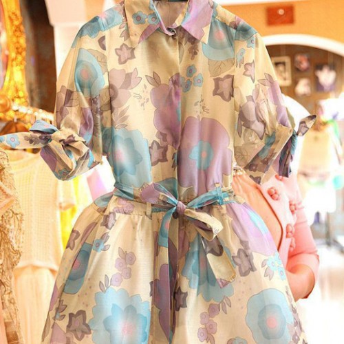 2015夏装新款韩版中袖连衣裙夏季衬衫雪纺裙子显瘦女装