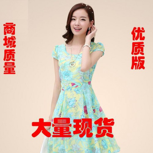 8078#夏装韩版修身显瘦碎花裙子圆领印花短袖雪纺连衣裙女图2
