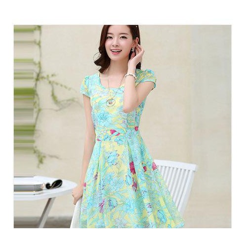 8078#夏装韩版修身显瘦碎花裙子圆领印花短袖雪纺连衣裙女图1