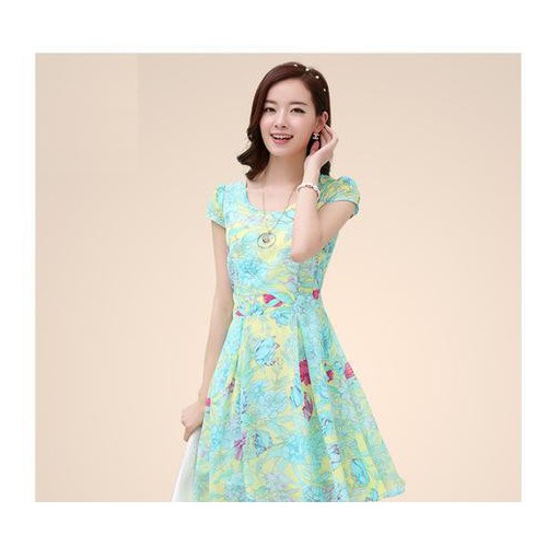 8078#夏装韩版修身显瘦碎花裙子圆领印花短袖雪纺连衣裙女图3