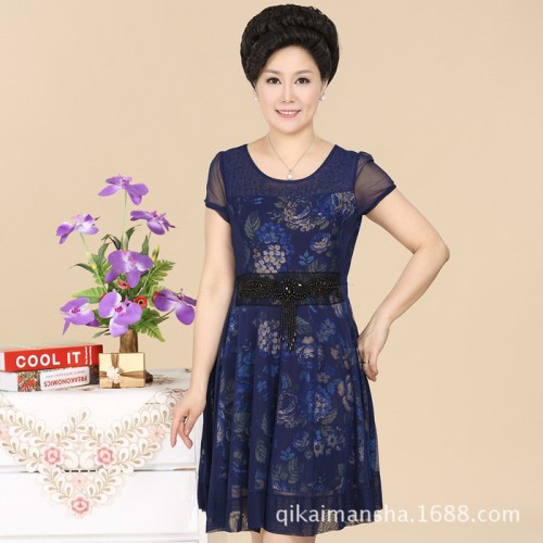供应2014年夏季女装中老年双层雪纺连衣裙妈妈装民族大码烫钻裙子批发图1