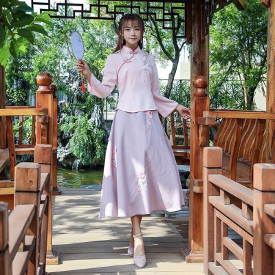 A958#+A926实拍秋冬新款文艺复古盘扣绣花唐装裙子套装茶艺服女